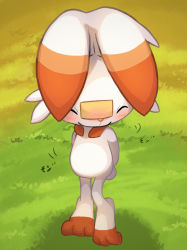 Rule 34 | bad id, bad pixiv id, blush, closed mouth, commentary request, creatures (company), closed eyes, fidgeting, full body, game freak, gen 8 pokemon, grass, highres, nintendo, no humans, pokemon, pokemon (creature), scorbunny, smile, solo, standing, tab head, toes