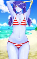 Rule 34 | 1girl, alternate costume, arms up, beach, bikini, blue hair, blue skin, colored skin, cowboy shot, facing viewer, hair over one eye, highres, looking at viewer, navel, outdoors, pharaoh13, red eyes, skeletal arm, skullgirls, smile, solo, squigly (skullgirls), stitched mouth, stitches, striped bikini, striped clothes, swimsuit, thigh gap, twintails, zombie