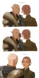 Rule 34 | 1boy, 1girl, animification, bald, cheetahman (1ddghfr78cswc), couple, dragon age, dragon age: inquisition, elf, gloves, green eyes, grey eyes, hair bun, hand on another&#039;s face, hetero, highres, inquisitor (dragon age), korean text, old, old woman, pointy ears, red hair, shirt, single hair bun, smile, solas, wrinkled skin