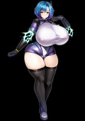 Rule 34 | 1girl, absurdres, black background, black footwear, black thighhighs, blue hair, bodysuit, breasts, covered erect nipples, curvy, disembodied hand, dot nose, electricity, female focus, full body, gigantic breasts, highres, kyosuke fujiwara, looking at viewer, mole, mole under mouth, outline, short hair, skin tight, smile, solo, standing, taut bodysuit, thick thighs, thighhighs, thighs, white outline, wide hips, yellow eyes, zettai ryouiki