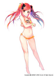 Rule 34 | 1girl, bad id, bad pixiv id, bare arms, bikini, blush, bracelet, cross-laced bikini, cross-laced clothes, front-tie top, full body, jewelry, long hair, looking at viewer, navel, orange bikini, original, plantar flexion, red eyes, red hair, simple background, solo, standing, swimsuit, tenmitsuyuka, twintails