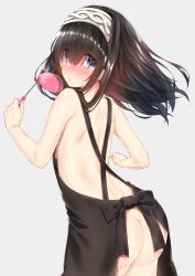 Rule 34 | 10s, 1girl, absurdres, apron, ass, back, black hair, blue eyes, chestnut mouth, commentary request, go-1, grey background, hairband, highres, holding, idolmaster, idolmaster cinderella girls, ladle, long hair, looking at viewer, looking back, naked apron, parted lips, sagisawa fumika, simple background, solo