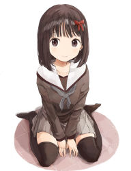 Rule 34 | 1girl, blush, bow, brown eyes, brown hair, brown skirt, closed mouth, hair bow, hair ornament, kneeling, long sleeves, looking up, nasuna, necktie, no shoes, original, pleated skirt, scarf, school uniform, serafuku, simple background, sitting, skirt, smile, solo, thighhighs, wariza, white background