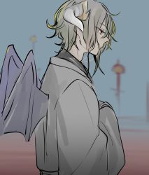 Rule 34 | 1boy, asuma kanau, dragon boy, dragon horns, dragon wings, end roll, facing to the side, grey hair, grey kimono, highres, horns, japanese clothes, kantera (end roll), kimono, looking to the side, male focus, multicolored background, pale skin, profile, red eyes, solo, wavy hair, wings