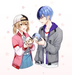 Rule 34 | 1boy, 1girl, aoyagi touya, azusawa kohane, baseball cap, belt, blue hair, brown eyes, character doll, closed mouth, collared shirt, commentary request, dark blue hair, doll, flower, gradient background, hair between eyes, hat, high collar, highres, hizaki sui, holding, holding doll, hood, hood down, hooded jacket, jacket, jewelry, light brown hair, long sleeves, medium hair, mole, mole under eye, multicolored hair, necklace, open clothes, open jacket, open mouth, project sekai, shirt, short hair, twintails, upper body
