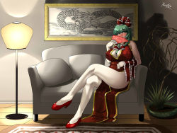Rule 34 | 1girl, between breasts, blush, bow, breasts, china dress, chinese clothes, cleavage, cleavage cutout, clothing cutout, couch, crossed legs, curvy, dragon, drawing (object), dress, female focus, folding fan, front ponytail, green eyes, green hair, hair bow, hair ribbon, hand fan, high heels, highres, kagiyama hina, lamp, large breasts, matching hair/eyes, moyai (eestar guntou), plant, ribbon, shadow, shoes, side slit, sitting, solo, statue of moyai, thick thighs, thighs, touhou, wavy mouth