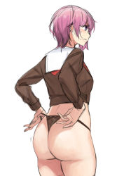 Rule 34 | 1girl, absurdres, adjusting underwear, alternate costume, ass, back, fate/grand order, fate (series), hair over one eye, highres, knatb, mash kyrielight, pink hair, purple eyes, short hair, simple background, white background