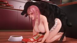 Rule 34 | 1boy, 1girl, 3d, animal, animated, apron, bestiality, black fur, bouncing breasts, breasts, colored skin, dead or alive, dead or alive 5, dog, dog bowl, doggystyle, hetero, highres, honoka (doa), indoors, interspecies, kitchen, large breasts, moaning, naked apron, nipples, noname55, panting, pet food, pink hair, sex, sex from behind, sound, tagme, testicles, tongue, tongue out, video, white skin
