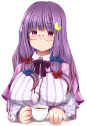 Rule 34 | 1girl, bespectacled, blunt bangs, blush, breasts, capelet, coffee, covered erect nipples, crescent, crescent hair ornament, cup, expressionless, fingernails, glasses, hair ornament, hair ribbon, head tilt, holding, holding cup, kozue akari, large breasts, long hair, long sleeves, looking at viewer, no headwear, patchouli knowledge, purple-framed eyewear, purple eyes, purple hair, ribbon, semi-rimless eyewear, shirt, simple background, solo, steam, striped clothes, striped shirt, touhou, tress ribbon, under-rim eyewear, upper body, white background