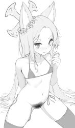 Rule 34 | 1girl, absurdres, animal ear fluff, animal ears, arm support, armpit crease, armpit hair, bare shoulders, bikini, blue archive, cameltoe, closed mouth, collarbone, cross halo, flower, flower wreath, forehead, fox ears, greyscale, hair flower, hair ornament, halo, highres, kkkweenie, long hair, looking at viewer, micro bikini, monochrome, navel, parted bangs, pubic hair, seia (blue archive), side-tie bikini bottom, simple background, sitting, sketch, solo, stomach, swimsuit, thighhighs, untied bikini, untied bikini bottom, v-shaped eyebrows, very long hair, white background