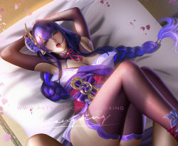 Rule 34 | 1girl, armpits, arms up, blue hair, braid, breasts, cleavage, cleavage cutout, clothing cutout, genshin impact, japanese clothes, kimono, large breasts, liang xing, long hair, looking at viewer, low-braided long hair, low-tied long hair, lying, moaning, obi, on back, open mouth, paid reward available, purple eyes, raiden shogun, sash, signature, solo, thighhighs, very long hair, vision (genshin impact)