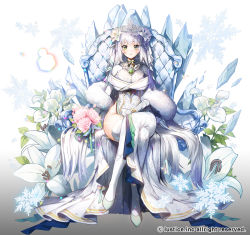 Rule 34 | 1girl, apple caramel, blush, brooch, company name, crossed legs, crystal, flower, full body, gloves, gradient background, ice, jewelry, lily (flower), long hair, official art, silver hair, simple background, sitting, smile, snowflakes, thighhighs, throne, tiara, white gloves, white thighhighs