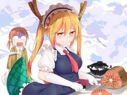 Rule 34 | 10s, 2girls, bad food, bag, blonde hair, blush, breasts, cooking, dragon girl, dragon tail, fang, food, glasses, gloves, grocery bag, highres, horns, knife, kobayashi-san chi no maidragon, kobayashi (maidragon), large breasts, large tail, long hair, maid, maid headdress, meat, multiple girls, necktie, opaque glasses, open mouth, ponytail, pot, red hair, shaded face, shopping bag, slit pupils, stardust (chen&#039;ai weiding), steam, surprised, tail, tohru (maidragon), turn pale, twintails, white gloves