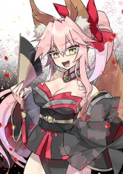 Rule 34 | 1girl, animal ear fluff, animal ears, bare shoulders, black kimono, breasts, cleavage, detached sleeves, fang, fate/grand order, fate (series), fox ears, fox girl, fox tail, glasses, hair ribbon, hand fan, japanese clothes, kimono, koyanskaya (fate), large breasts, long hair, looking at viewer, nail polish, negi (ulog&#039;be), open mouth, pink hair, red ribbon, ribbon, side ponytail, solo, tail, tamamo (fate), very long hair, yellow eyes