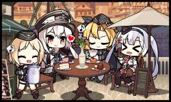 Rule 34 | &gt; &lt;, 4girls, black gloves, blonde hair, cake, cake slice, chair, commentary, cup, cupcake, eating, eighth note, english commentary, flower, food, fork, g43 (girls&#039; frontline), garrison cap, girls&#039; frontline, gloves, hat, heart, jacket, kar98k (girls&#039; frontline), long hair, long sleeves, magazine (object), menu board, mg42 (girls&#039; frontline), military, military hat, military uniform, mp40 (girls&#039; frontline), multiple girls, musical note, necktie, open mouth, outdoors, parasol, peaked cap, pleated skirt, red eyes, short hair, shorts, skirt, spoken heart, spoken musical note, sprite art, table, teacup, teapot, the mad mimic, town, twintails, umbrella, uniform, vase, very long hair, white hair