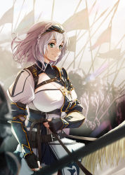 Rule 34 | 1girl, armor, army, belt, black gloves, black headband, braid, breasts, cleavage, closed mouth, commentary request, cowboy shot, female knight, fingerless gloves, flag, gloves, green eyes, headband, highres, hololive, hopper, horse, knight, large breasts, looking to the side, mole, mole on breast, shirogane noel, shirogane noel (1st costume), smile, solo, solo focus, virtual youtuber
