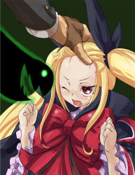 Rule 34 | arc system works, blazblue, blonde hair, bow, fang, forehead, gothic lolita, hazama, lolita fashion, long hair, one eye closed, rachel alucard, red eyes, rekise, sexually suggestive, snake, solo focus, twintails, vampire, wink
