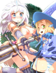 Rule 34 | 2girls, bad id, bad pixiv id, blonde hair, blue eyes, blush, boots, breasts, bt (shio oninko), buri, capcom, flat chest, gloves, green eyes, hat, horns, kirin (armor), large breasts, lien (armor), monster hunter, monster hunter (series), monster hunter frontier, multiple girls, nipples, panties, rian, single horn, skirt, striped clothes, striped panties, sweat, sword, thigh boots, thighhighs, underwear, weapon, white hair