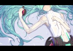 Rule 34 | 1girl, aqua hair, armpits, flat chest, hatsune miku, hatsune miku (append), head out of frame, headphones, letterboxed, long hair, lying, navel, on back, paprika (artist), partially submerged, solo, very long hair, vocaloid, vocaloid append, water