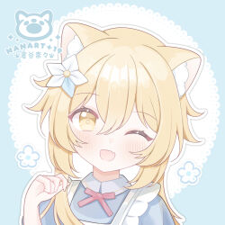 Rule 34 | 1girl, animal ear fluff, artist name, blonde hair, blue dress, blush, dress, fang, flower, genshin impact, hair between eyes, hair flower, hair ornament, hand up, iqchan, kemonomimi mode, blue background, looking at viewer, lumine (genshin impact), one eye closed, open mouth, outline, paw print, short hair with long locks, simple background, smile, solo, upper body, white flower, white outline, yellow eyes