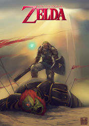 Rule 34 | 2boys, armor, beard, blonde hair, colored skin, corpse, death, defeat, epic, facial hair, fairy, fangs, ganondorf, green skin, hylian shield, link, manly, multiple boys, navi, nintendo, pa-go, pointy ears, pteruges, red hair, shield, signature, sword, the legend of zelda, weapon