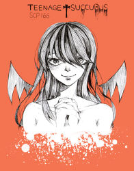Rule 34 | 1girl, character name, demon girl, detached wings, english text, own hands clasped, long hair, looking at viewer, monochrome, nude, own hands together, red theme, scp-166, scp foundation, seriko (seo77000), smile, solo, demon girl, wings