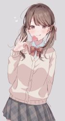 Rule 34 | 1girl, beige cardigan, blush, bow, bowtie, brown eyes, brown hair, candy, cardigan, closed mouth, collared shirt, dress shirt, food, grey background, grey skirt, hair ribbon, hanako151, hand up, heart-shaped food, highres, holding, holding candy, holding food, holding lollipop, licking lips, lollipop, long hair, long sleeves, looking at viewer, original, pink ribbon, plaid, plaid skirt, pleated skirt, red bow, red bowtie, ribbon, school uniform, shirt, side ponytail, simple background, skirt, smile, solo, tongue, tongue out, twintails, white shirt