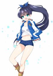 Rule 34 | 1girl, bad id, bad pixiv id, blue eyes, blush, boots, ganaha hibiki, highres, idolmaster, idolmaster (classic), jacket, letterman jacket, long hair, looking at viewer, midriff, open clothes, open jacket, open mouth, ponytail, purple hair, raind, short shorts, shorts, smile, solo, very long hair
