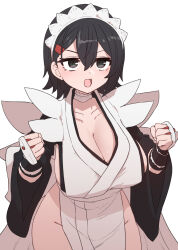 Rule 34 | 1girl, apron, black eyes, black hair, black sleeves, breasts, cleavage, clenched hands, collarbone, iroha (samurai spirits), large breasts, maid apron, maid headdress, open mouth, samurai spirits, short hair, simple background, smile, solo, sumiyao (amam), thighs, white background, wide sleeves