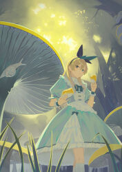Rule 34 | 1girl, alice (alice in wonderland), alice in wonderland, black hairband, blonde hair, blue bow, blue dress, blue eyes, bow, closed mouth, dress, eating, feet out of frame, frilled cuffs, frilled dress, frills, grass, green eyes, hair between eyes, hair bow, hairband, heterochromia, highres, long hair, mini person, minigirl, mushroom, pinafore dress, puffy short sleeves, puffy sleeves, short sleeves, sleeveless, sleeveless dress, snail, socks, solo, tree, wakuseiy, white socks, wrist cuffs