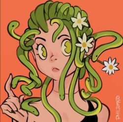 Rule 34 | 1girl, black nails, black shirt, closed mouth, commentary, daisy, english commentary, flower, green eyes, green hair, green snake, hair flower, hair ornament, living hair, long hair, looking at viewer, orange background, original, pac-man eyes, philtomato, shirt, signature, simple background, snake, snake hair, solo, white flower