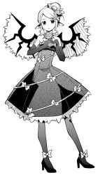 Rule 34 | 1girl, alternate costume, alternate hairstyle, animal ears, bare shoulders, dress, elbow gloves, female focus, formal, full body, gloves, greyscale, hair ornament, hair up, heart, heart hands, high heels, kannazuki hato, monochrome, mystia lorelei, pantyhose, shoes, simple background, smile, solo, standing, touhou, wings