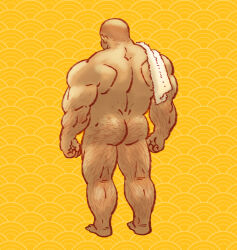 Rule 34 | 1boy, absurdres, arms at sides, ass, bara, buzz cut, cloud background, completely nude, facing away, from behind, full body, hairy, highres, kemonamon, male focus, muscular, muscular male, nude, original, short hair, solo, standing, strongman waist, thick arm hair, thick ass hair, thick leg hair, thick thighs, thighs, very short hair, yellow background