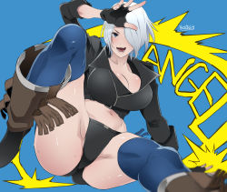 Rule 34 | 1girl, angel (kof), ass, blue eyes, boots, bra, breasts, butcha-u, chaps, character name, cleavage, cowboy boots, cropped jacket, fingerless gloves, full body, gloves, hair over one eye, huge ass, jacket, large breasts, leather, leather jacket, looking at viewer, mexican (nationality), open mouth, shiny skin, short hair, snk, solo, strapless, strapless bra, text background, the king of fighters, the king of fighters xiv, toned, underwear, white hair, wide hips