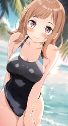 1girl absurdres black_one-piece_swimsuit blue_sky breasts brown_eyes brown_hair cleavage cloud competition_swimsuit day dutch_angle highleg highleg_one-piece_swimsuit highres idolmaster idolmaster_shiny_colors looking_at_viewer medium_breasts miyuki_(yxbt7) ocean one-piece_swimsuit outdoors sakuragi_mano sky smile solo swimsuit thigh_gap