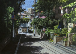 Rule 34 | 2014, cityscape, colored pencil (medium), dated, day, hayashi ryouta, no humans, original, power lines, real world location, road, road sign, ryota884, scenery, sign, signature, street, tokyo (city), traditional media, tree, tree shade, utility pole