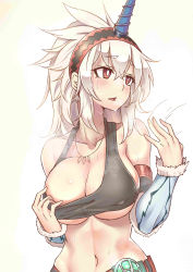 Rule 34 | 1girl, absurdres, breasts, hairband, highres, horns, jewelry, kirin (armor), large breasts, long hair, monster hunter (series), monster hunter: world, navel, necklace, red eyes, simple background, single horn, solo, standing, sweat, togin, upper body, white background, white hair