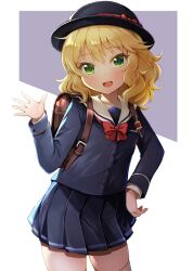Rule 34 | 1girl, backpack, bag, blonde hair, blue hat, blue jacket, blue skirt, blush, bow, bowtie, brown bag, buttons, child, commentary, cowboy shot, crime prevention buzzer, green eyes, hand on own hip, hand up, hat, highres, idolmaster, idolmaster cinderella girls, jacket, long sleeves, looking at viewer, michii yuuki, open mouth, pleated skirt, red bow, red bowtie, sailor collar, sakurai momoka, short hair, sidelocks, skirt, smile, solo, thighhighs, thighs, waving, wavy hair, white background, white sailor collar, white thighhighs
