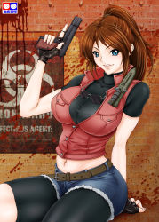 Rule 34 | 1girl, belt, bike shorts, blue eyes, boots, breasts, brown hair, browning hi-power, claire redfield, cutoffs, female focus, fingerless gloves, gloves, gun, handgun, highres, jacket, knife, large breasts, long hair, midriff, navel, ponytail, red hair, resident evil, resident evil 2, semi-automatic firearm, shirt, shorts, sitting, size hermitage, smile, solo, sunglasses, taut clothes, taut shirt, trigger discipline, vest, weapon