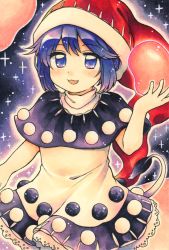 Rule 34 | 1girl, :3, :d, blob, blue eyes, blue hair, blush, cowboy shot, doremy sweet, dress, hand up, hat, highres, looking at viewer, maa (forsythia1729), nightcap, open mouth, pom pom (clothes), smile, solo, tail, touhou, traditional media