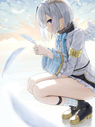 Rule 34 | 1girl, :o, absurdres, amane kanata, angel, angel wings, black footwear, black skirt, blue bow, blue bowtie, blue hair, bow, bowtie, checkered clothes, checkered legwear, collared shirt, colored inner hair, commentary request, feathered wings, feathers, frilled skirt, frills, grey hair, hair ornament, halo, hidulume, highres, holding, holding feather, hololive, legband, long sleeves, looking at viewer, miniskirt, multicolored hair, open mouth, profile, purple eyes, shirt, short hair, simple background, sitting, skirt, socks, solo, squatting, star halo, streaked hair, thighs, virtual youtuber, white shirt, wide sleeves, wings