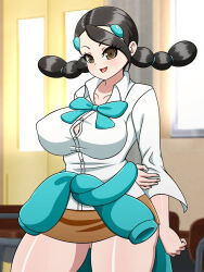 Rule 34 | 1girl, black hair, breasts, brown eyes, candice (pokemon), clothes around waist, covered erect nipples, creatures (company), game freak, large breasts, miniskirt, multi-tied hair, nintendo, pokemon, pokemon dppt, skirt, sweater, sweater around waist, window, yensh