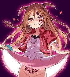 Rule 34 | 1girl, :q, absurdres, blush, brown eyes, brown hair, clothes lift, commentary, facial tattoo, heart, heart-shaped pupils, heart pendant, heart tattoo, highres, hiraga matsuri, jewelry, kagami tina, lifting own clothes, long hair, looking at viewer, mushiking, naughty face, no panties, out-of-frame censoring, pendant, pink skirt, pubic tattoo, purple background, shin kouchuu ouja mushiking, short sleeves, simple background, skirt, skirt lift, solo, stomach tattoo, symbol-shaped pupils, tattoo, tongue, tongue out, two side up
