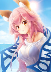 Rule 34 | 1girl, animal ear fluff, animal ears, artist request, bikini, bikini under clothes, blue bikini, breasts, cleavage, collarbone, day, fate/grand order, fate (series), fox ears, fox girl, highres, large breasts, looking at viewer, ocean, open mouth, outdoors, pink hair, see-through, shirt, side-tie bikini bottom, solo, sun, swimsuit, tamamo (fate), tamamo no mae (fate/extra), tamamo no mae (swimsuit lancer) (fate), tamamo no mae (swimsuit lancer) (second ascension) (fate), wet, wet clothes, wet shirt, yellow eyes
