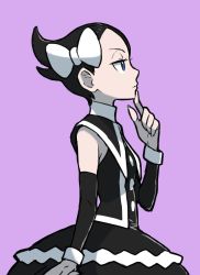 Rule 34 | 1girl, black capelet, black dress, black hair, blue eyes, bow, capelet, closed mouth, creatures (company), detached sleeves, dress, eyelashes, from side, game freak, hair bow, half-closed eyes, hand up, highres, marley (pokemon), nintendo, pokemon, pokemon dppt, purple background, short hair, simple background, solo, sugimori ken, white bow