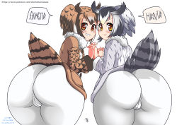 Rule 34 | 10s, 2girls, artist name, ass, bird tail, blush, brown eyes, brown hair, cameltoe, cleft of venus, closed mouth, cowboy shot, dress, eurasian eagle owl (kemono friends), female focus, from behind, fur trim, grin, hair between eyes, highres, holding hands, huge ass, kemono friends, long sleeves, looking at viewer, looking back, multiple girls, no panties, northern white-faced owl (kemono friends), pantyhose, patreon username, shimetta masuta, silver hair, simple background, smile, speech bubble, tail, watermark, web address, white background, white legwear