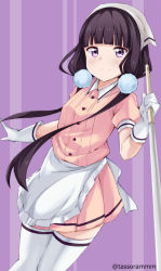 Rule 34 | 1girl, apron, bad id, bad pixiv id, black hair, blend s, blunt bangs, broom, closed mouth, collared shirt, commentary request, frilled apron, frills, gloves, head scarf, holding, holding broom, long hair, low twintails, pink background, pink shirt, pink skirt, pleated skirt, purple eyes, sakuranomiya maika, shirt, simple background, skirt, smile, solo, tasora, thighhighs, twintails, twitter username, two-tone background, very long hair, waist apron, white apron, white gloves, white thighhighs