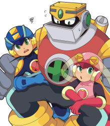 1girl 2boys absurdres black_bodysuit blonde_hair blue_bodysuit blue_helmet bodysuit egao_nina6 green_eyes gutsman.exe helmet highres leotard long_hair looking_at_viewer mega_man_(series) mega_man_battle_network_(series) megaman.exe multiple_boys netnavi pink_helmet pink_leotard roll.exe_(mega_man) simple_background white_background