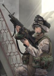 Rule 34 | 1girl, aiming, artist name, black hair, camouflage, canteen, combat helmet, dark-skinned female, dark skin, digital camouflage, finger on trigger, goggles, goggles on headwear, gun, hair between eyes, helmet, highres, holding, holding weapon, indoors, jacket, light machine gun, light particles, long sleeves, m240, machine gun, microphone, open mouth, optical sight, original, bulletproof vest, pouch, savankov, solo, united states marine corps, upper body, weapon, yellow eyes