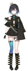 Rule 34 | 1girl, asymmetrical clothes, azuse yue, belt boots, black footwear, black gloves, blue hair, blue thighhighs, blunt bangs, boots, braid, breasts, breasts apart, cleavage cutout, closed mouth, clothing cutout, crown, diamond (shape), ear piercing, eyebrows hidden by hair, full body, gloves, gradient hair, half gloves, heterochromia, high heel boots, high heels, highres, knee boots, koga taiga, long sleeves, medal, mole, mole under eye, moon (ornament), multicolored hair, necktie, o-ring, original, piercing, purple eyes, purple hair, side braid, simple background, single braid, single thighhigh, skirt, small breasts, solo, thighhighs, virtual youtuber, white background, wing collar, yellow eyes